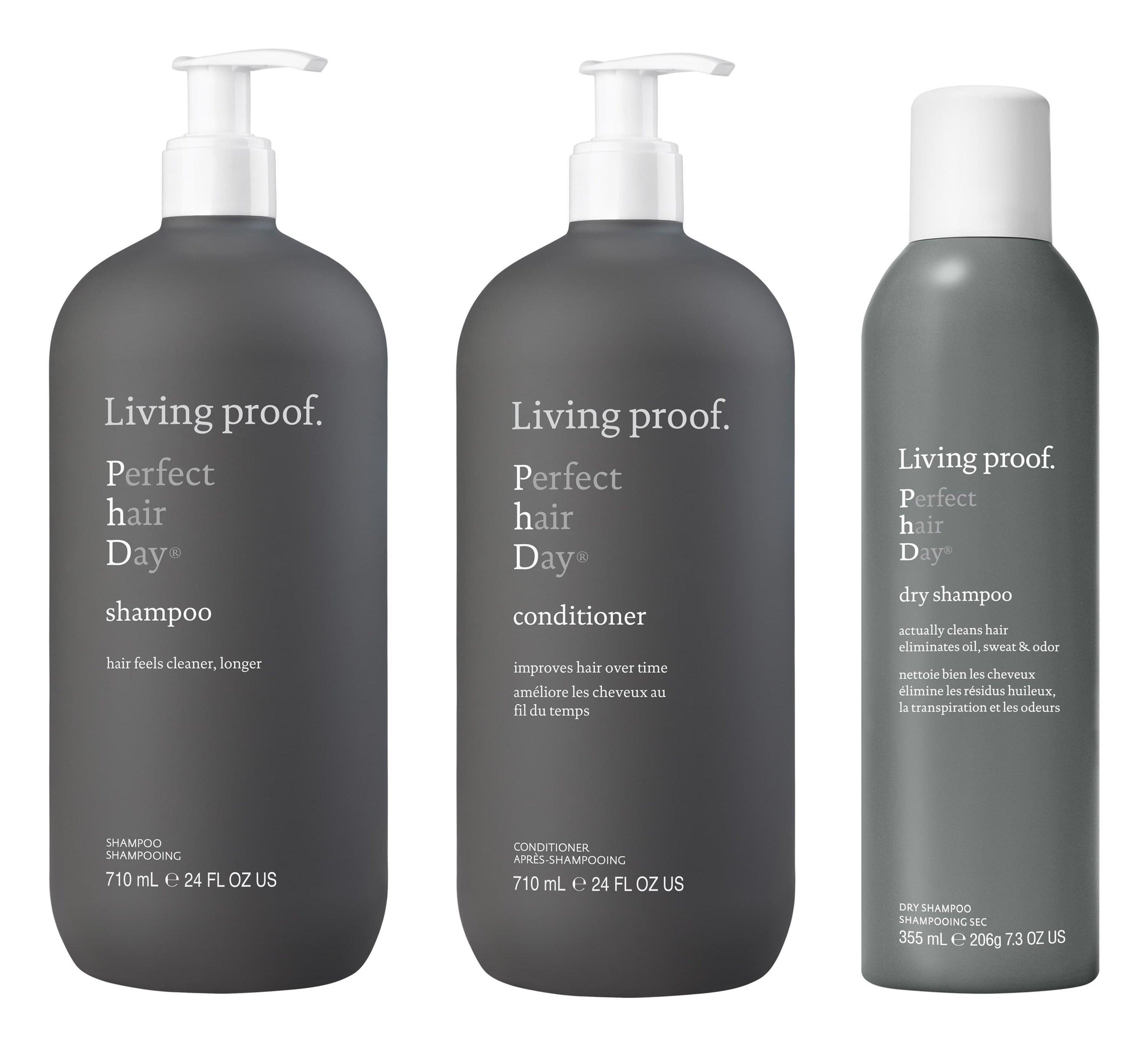 Large pump bottles of the shampoo and conditioner, plus a full size canister of dry shampoo