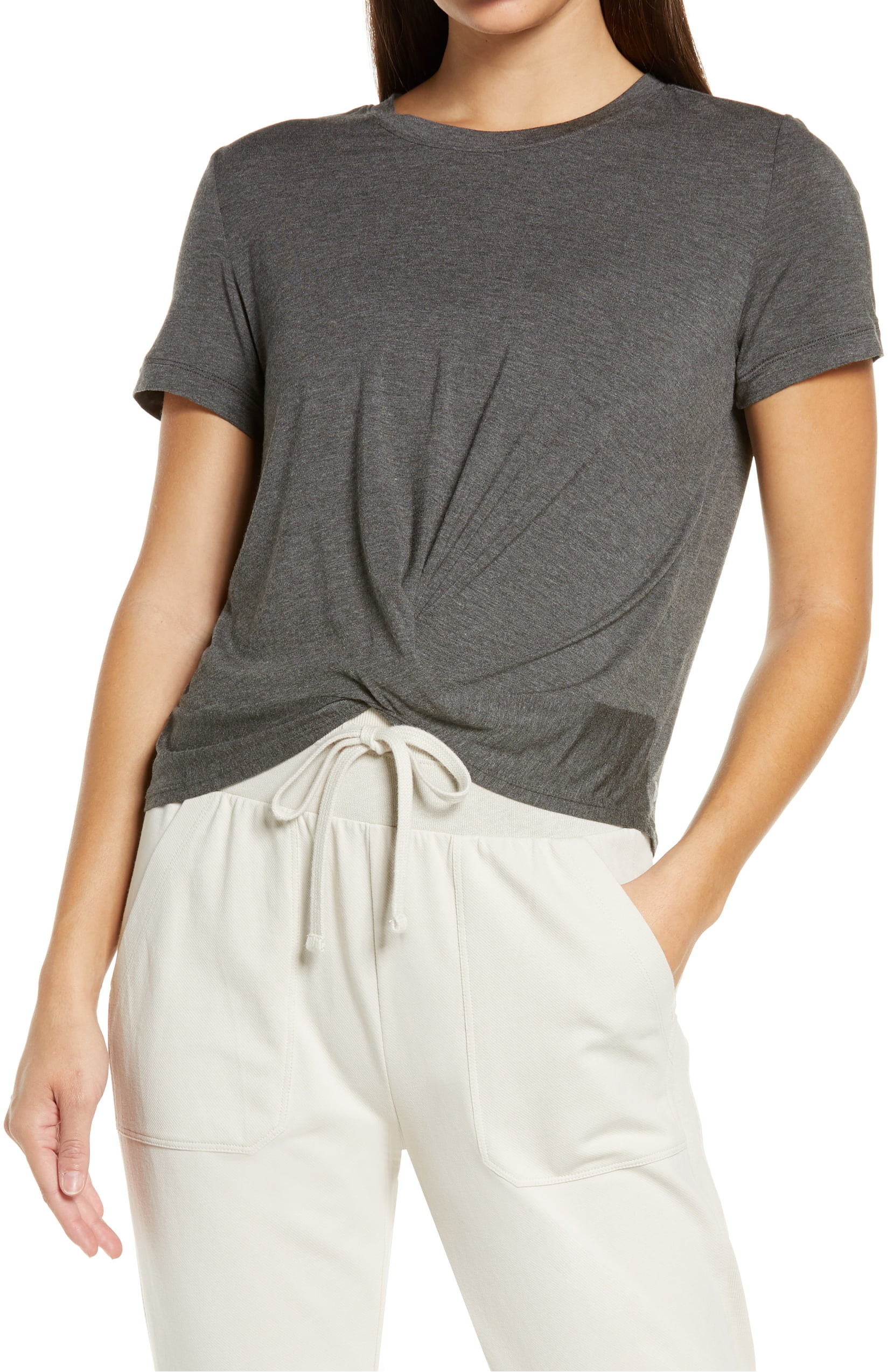 Model wearing Zella Peaceful Twist T-shirt in gray