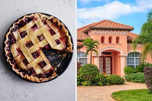 On the left, a blueberry pie with a lattice crust with a slice taken out of it, and on the right, the exterior of modern home with palm trees surrounding it