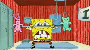 SpongeBob SquarePants from &quot;SpongeBob SquarePants&quot; grunting while lifting a stuffed animal barbell