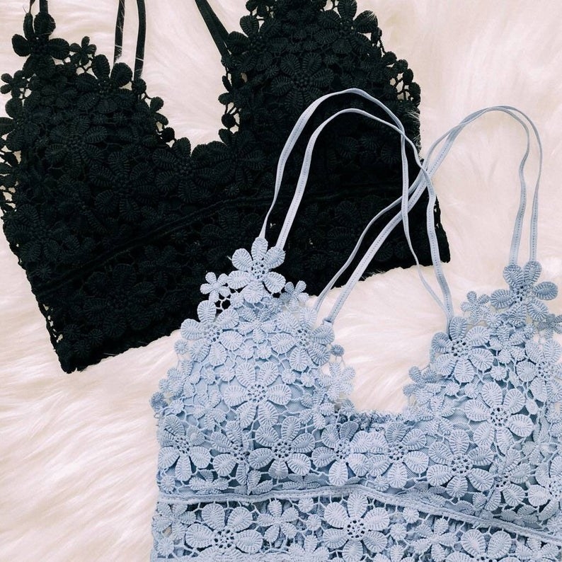 The floral lace bralettes in light blue and black