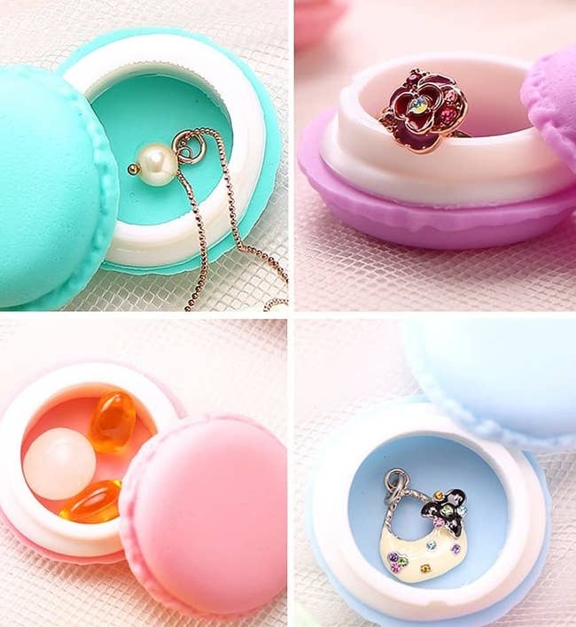 Tiny macaron boxes holding pills and jewelry 