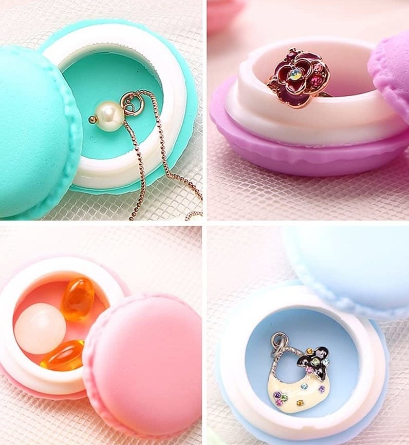 Tiny macaron boxes holding pills and jewelry 