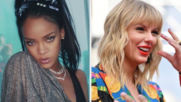 Rihanna in the &quot;This is What You Came For&quot; music video; Taylor Swift laughing on the red carpet in a colorful blazer