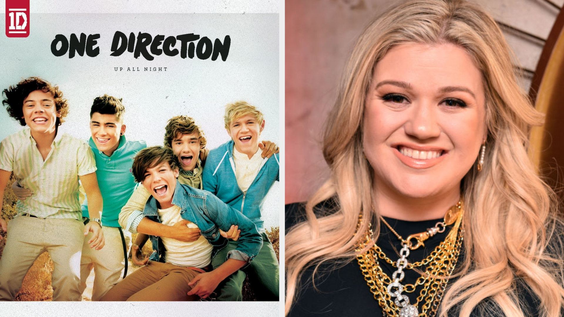One Direction&#x27;s debut album cover; Kelly Clarkson smiling at a celebrity event