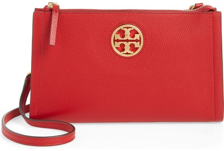 The rectangular bag in red with a gold logo in the front
