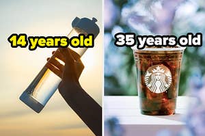 A long water bottle labeled "14 years old" on the left with a Starbucks iced coffee labeled "35 years old" on the right