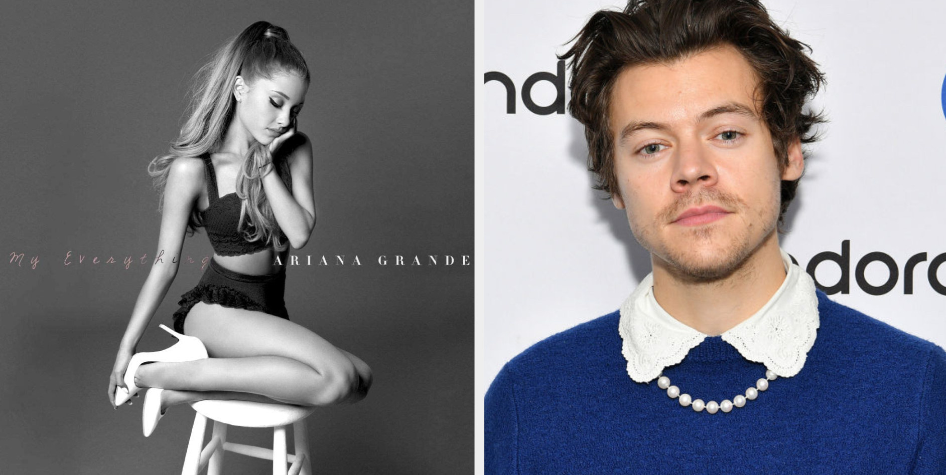 Ariana Grande sitting on a stool for her &quot;My Everything&quot; album cover; Harry Styles wearing pearls on a red carpet