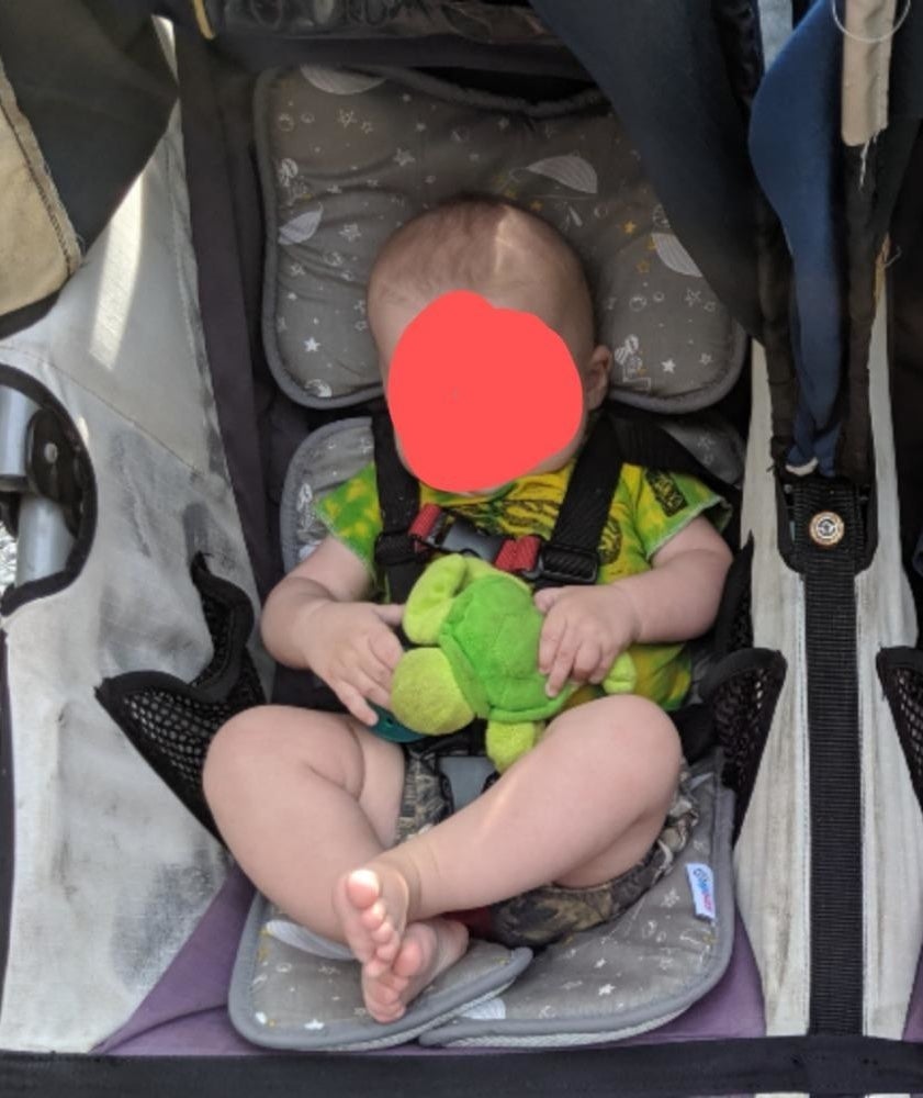Reviewer photo of the grey mesh liner that fits into a stroller with a baby in it