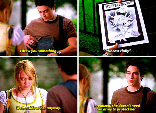 Adam removing a comic from his backpack and presenting it to Holly. 