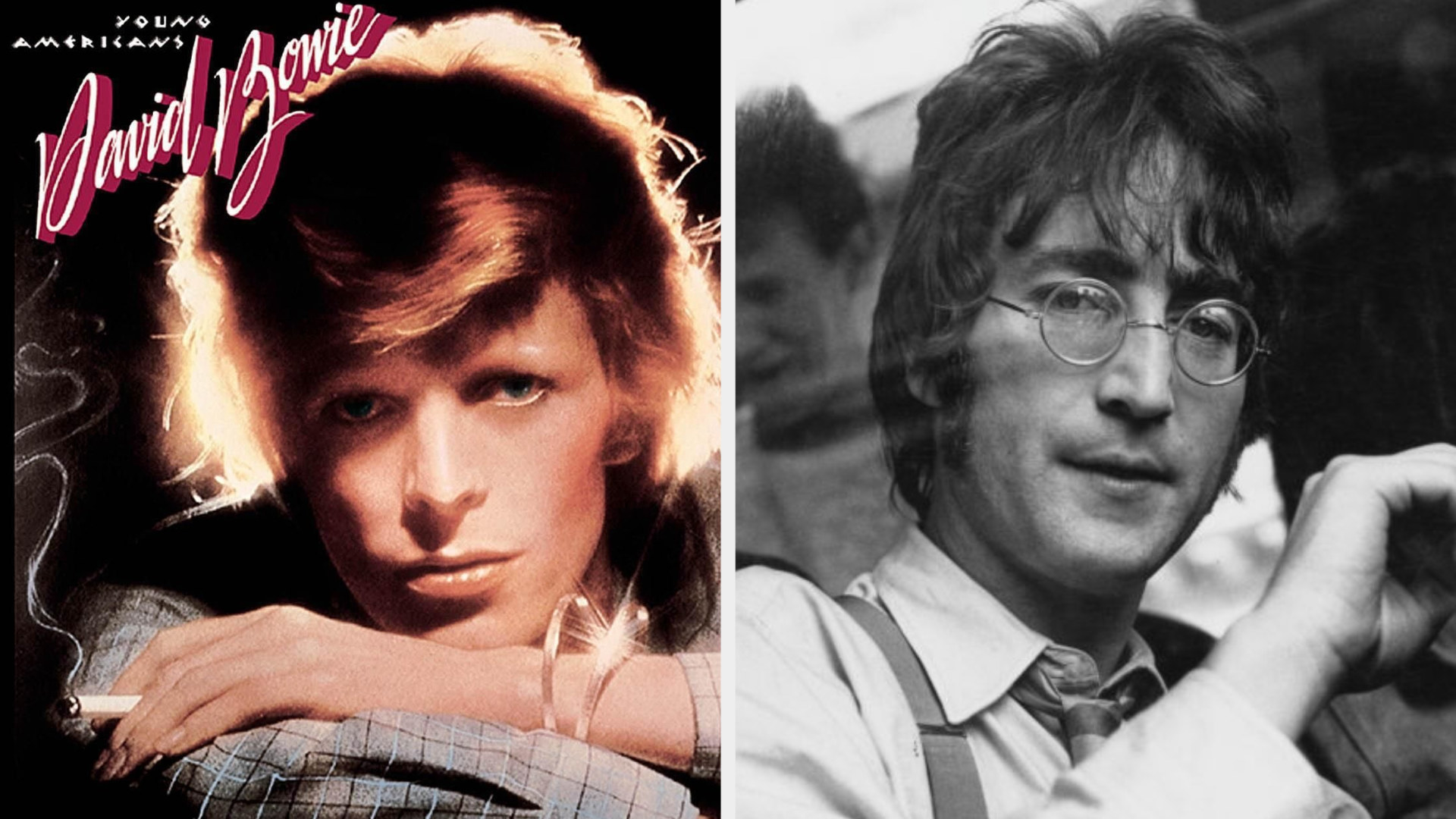 David Bowie&#x27;s album cover for &quot;Young Americans&quot; and John Lennon posing on a bus while wearing glasses