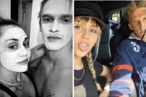 Miley and Cody wearing face masks / Miley and Cody sticking tongues out while driving