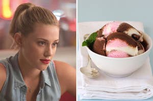 Betty Cooper is on the left sitting at a table in a diner with a bowl of Neapolitan ice cream on the right