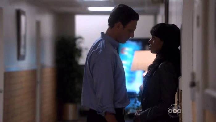 Fitz and Olivia alone in the hallway, looking intensely into each other&#x27;s eyes. 