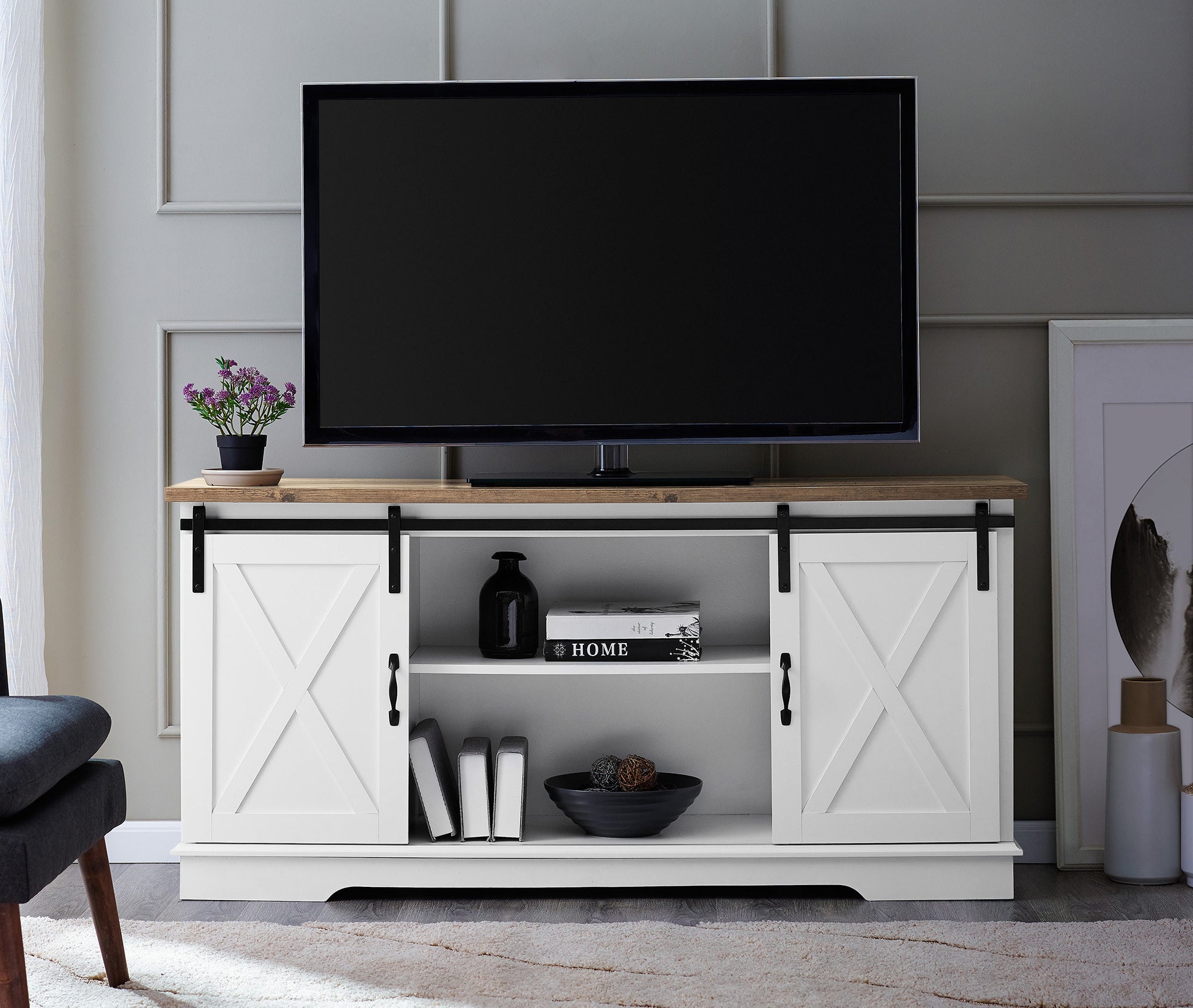 the white farmhouse style tv stand