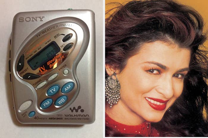 A picture of a 90s Sony walkman along with an image of an Indian pop star named Anaida.