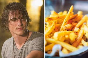 Noah is pictured on the left with a plate of fries on the right