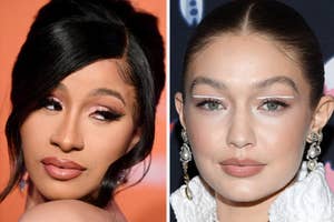 Cardi B poses on the left while Gigi Hadid poses on the right