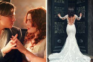 Jack and Rose hold hands on the left while a woman in a wedding dress faces the back on the right