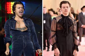 Side by side of Harry Styles in shiny denim outfit and sheer black outfit