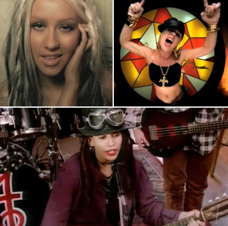 Christina Aguilera singing in the &quot;Beautiful&quot; music video; Pink dancing in the &quot;Get the Party Started&quot; music video; Linda Perry playing guitar in the &quot;What&#x27;s Up?&quot; music video by 4 Non Blondes
