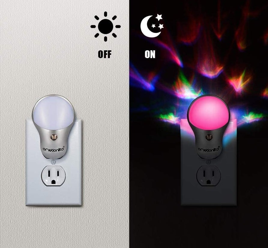 The plug-in nightlight turned off and the plug-in nightlight creating a colourful light show