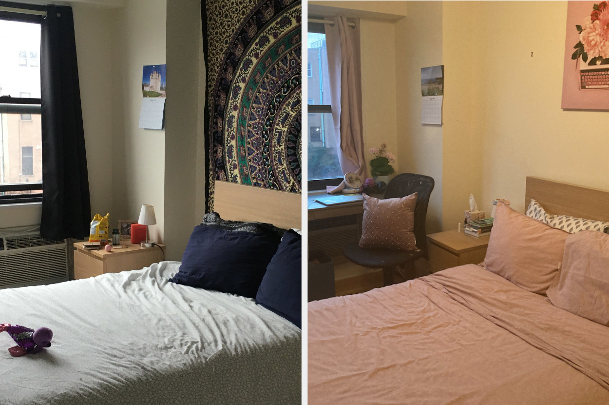 A before-and-after photo, showing the new room is all very cohesive and cute