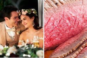 A happily married couple next to a juicy roast beef