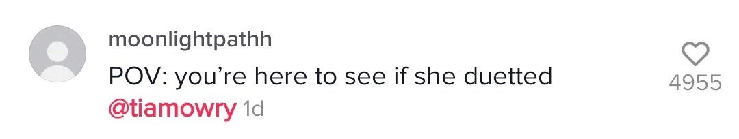 This fan&#x27;s comment &quot;POV: you&#x27;re here to see if she duetted Tia Mowry&quot; has almost 5,000 likes