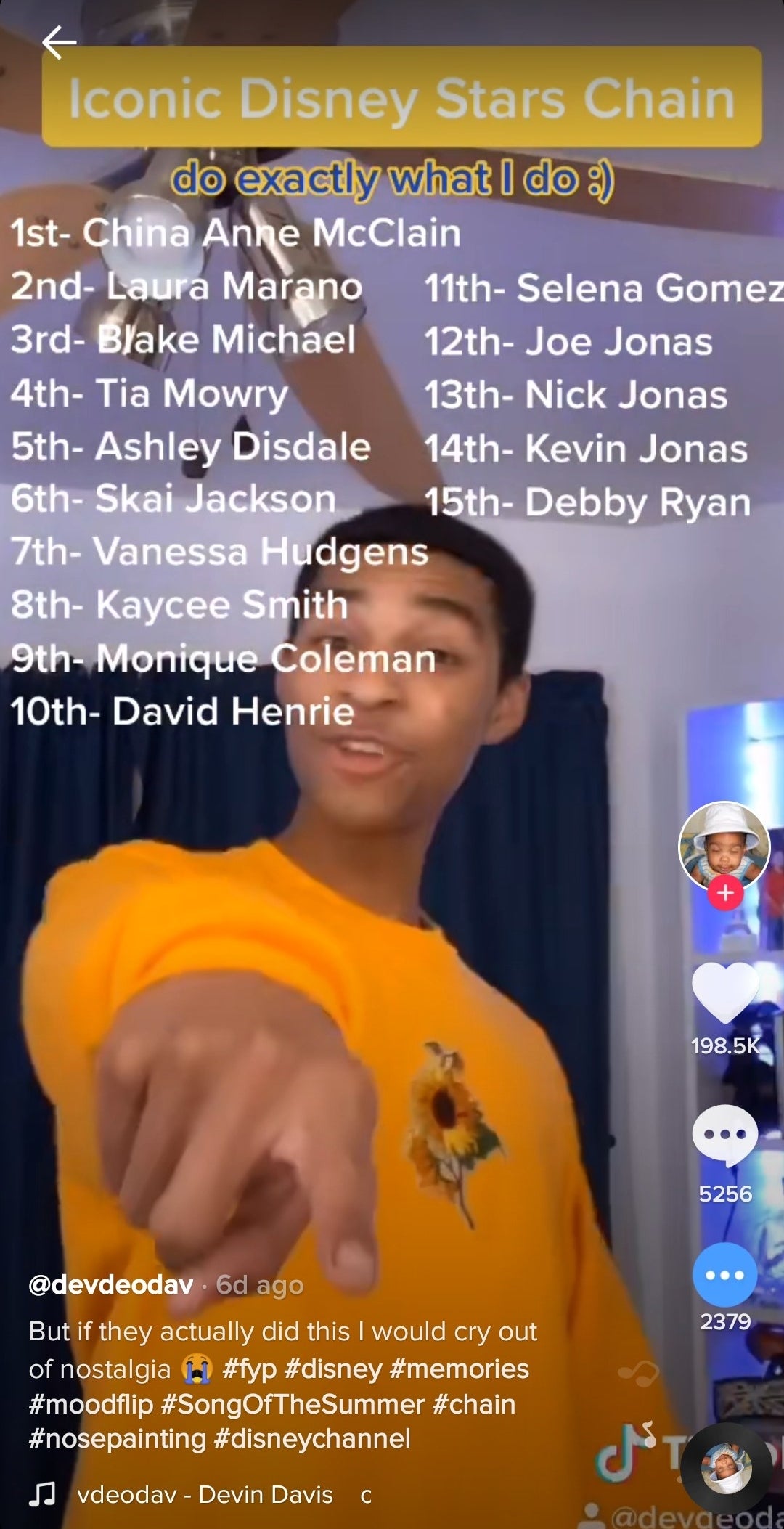 In his video, the TikToker includes a numbered list of 15 iconic Disney stars to participate in the challenge