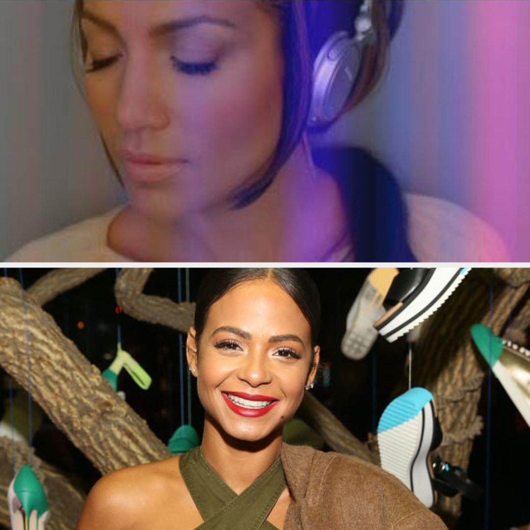 Jennifer Lopez wearing headphones in the &quot;Play&quot; music video; Christina Milian posing for a red carpet event