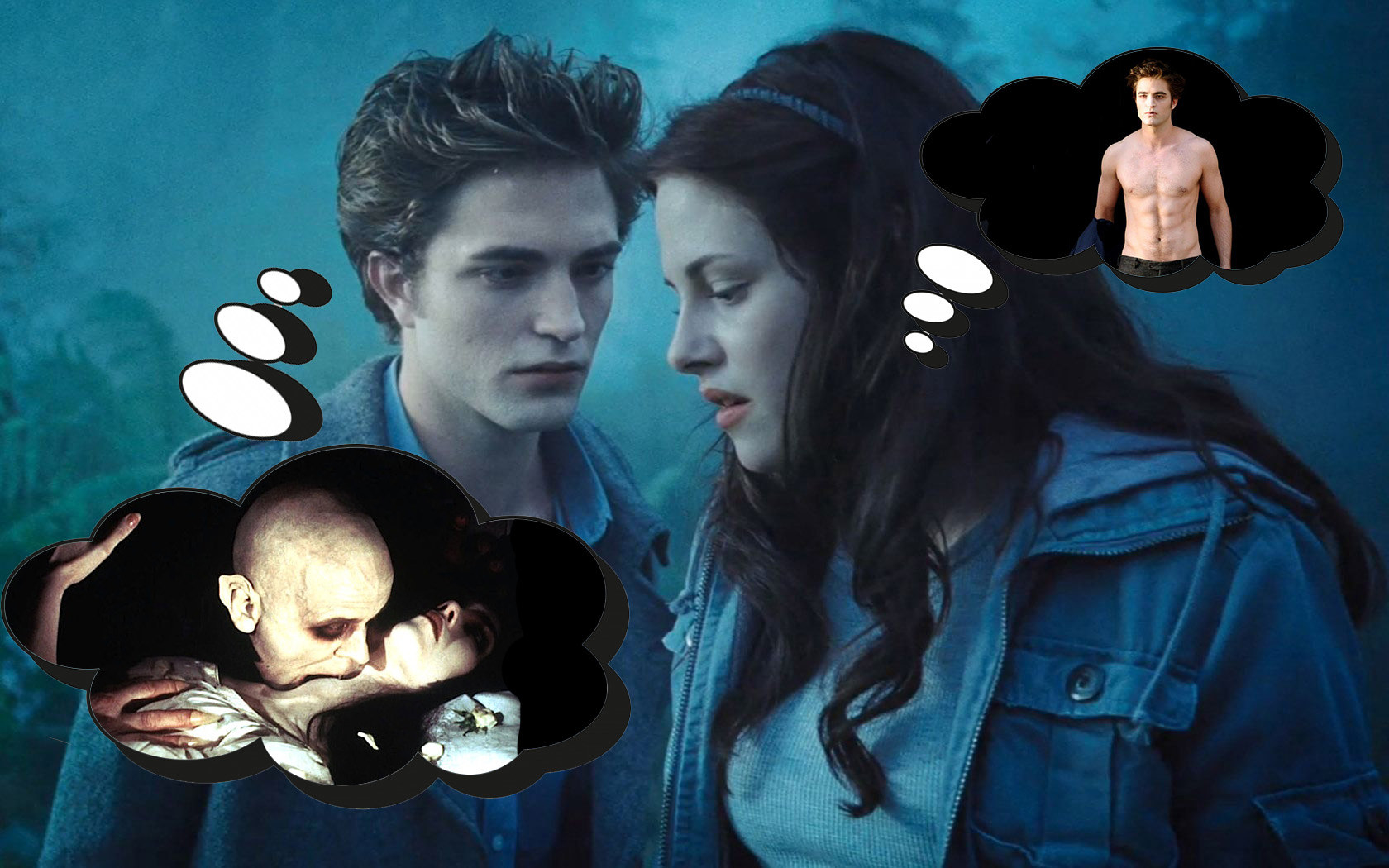 Edward thinking about drinking blood and Bella thinking about edward shirtless