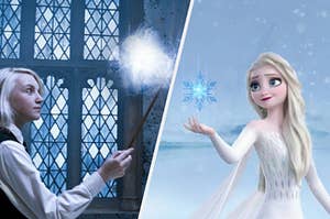 Luna Lovegood casting her bunny patronus next to Elsa doing ice magic