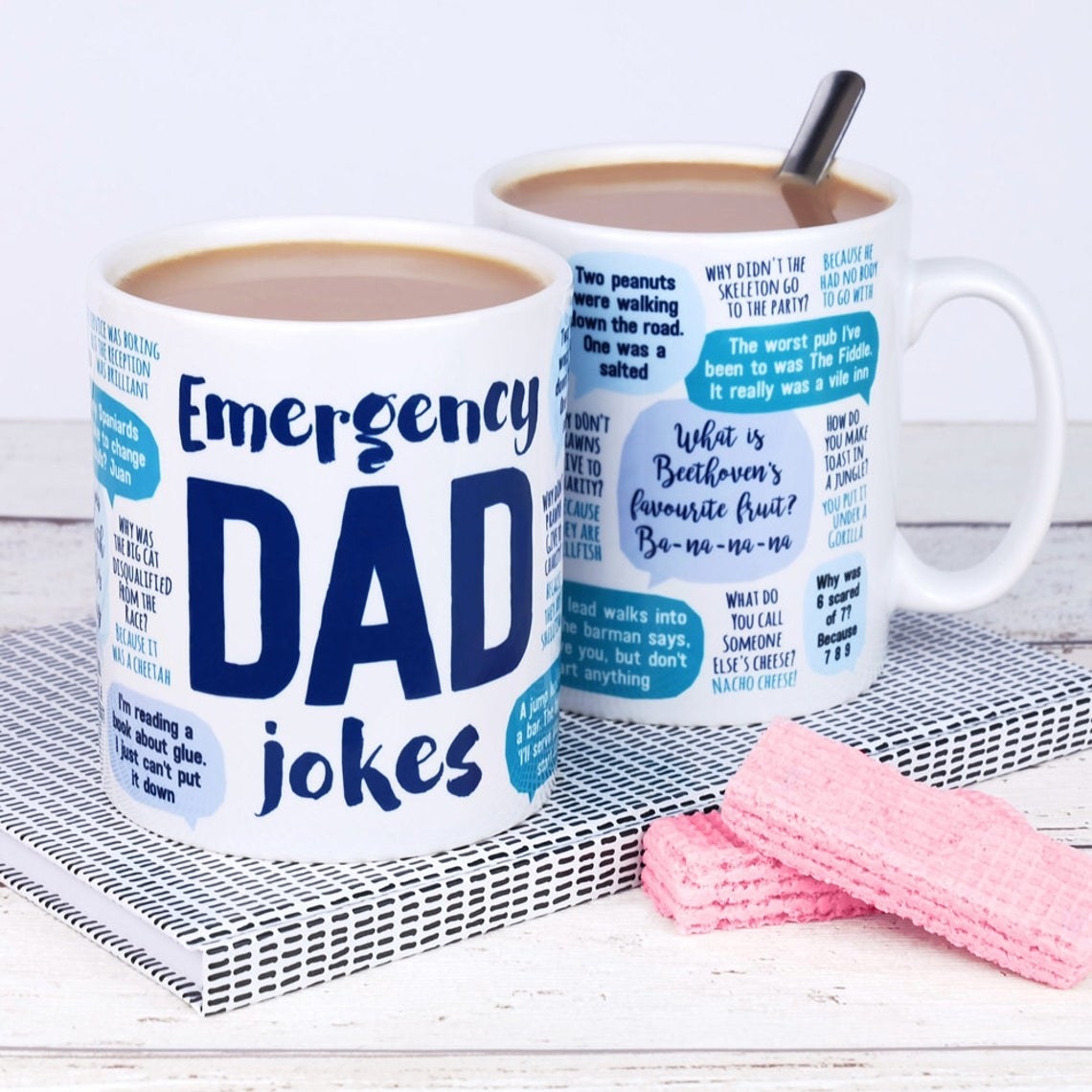 A coffee mug with several word bubbles that have dozens of dad jokes on them 