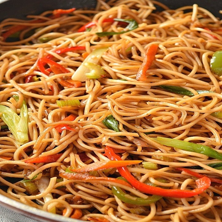 A close-up of vegetable lo mein.