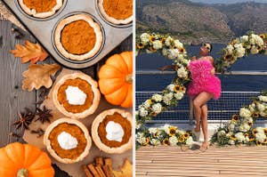 Mini pumpkin pies and Kylie Jenner posing with flowers.