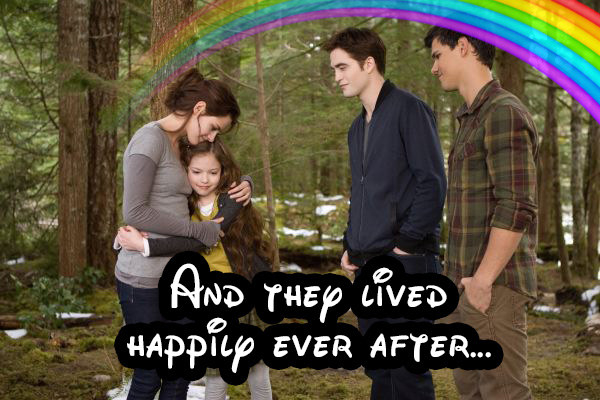 The Twilight cast hugging each other with rainbows and happy ever afters