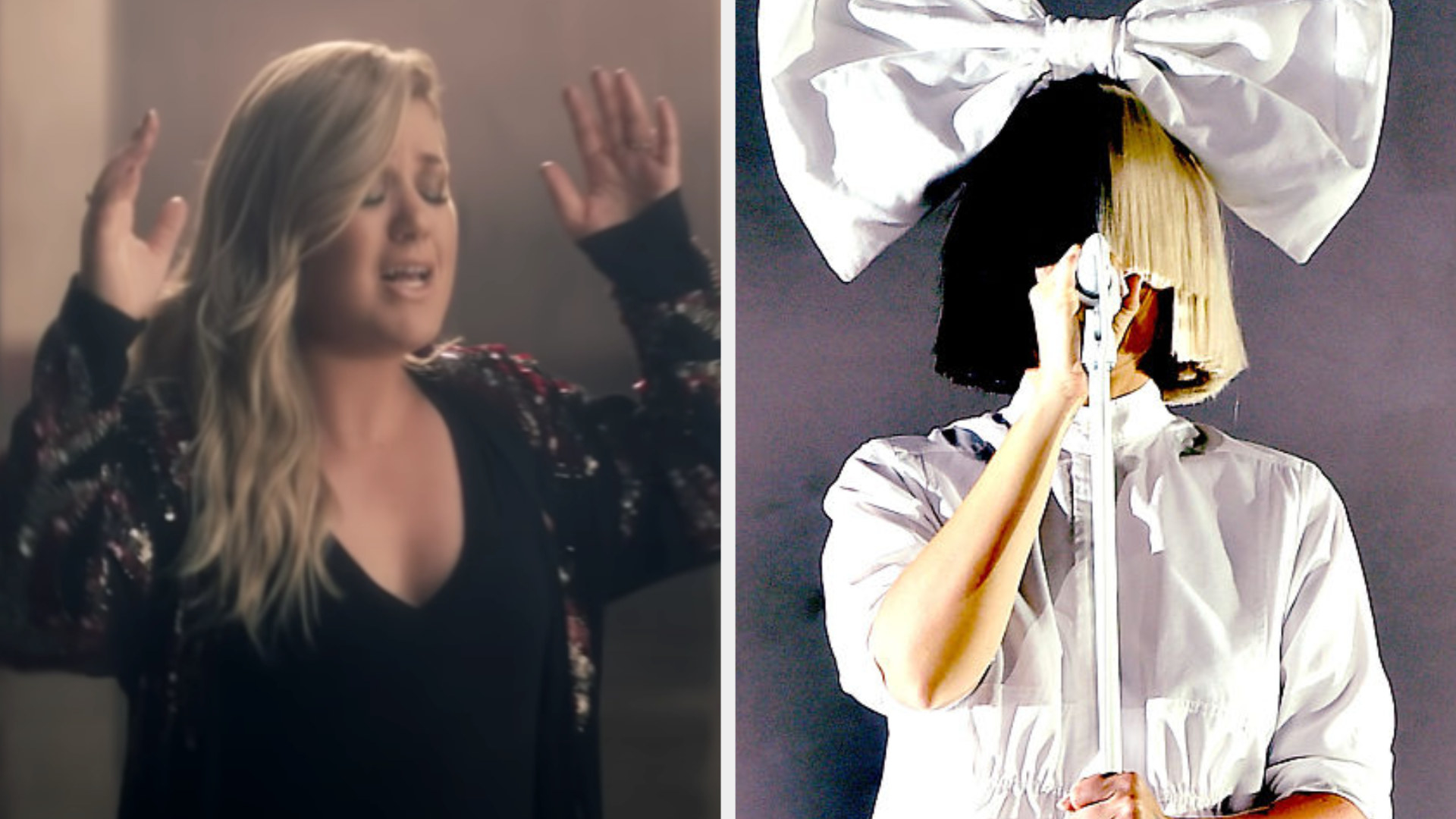 Kelly Clarkson in the &quot;Invincible&quot; music video; Sia performing with a big bow and black and blonde wig