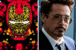 Side-by-side images of an inkblot with Iron Man's helmet in it and a picture of Robert Downey Jr. as Tony Stark