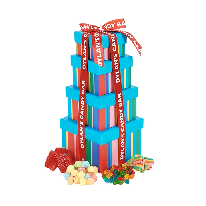 Colorful stacked candy boxes filled with candy