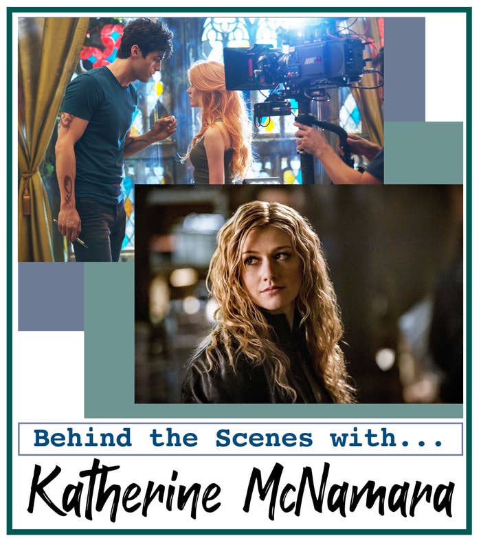 A header reading &quot;behind the scene with Katherine McNamara&quot; and photos of Kat as Mia from &quot;Arrow&quot; and behind the scenes of &quot;Shadowhunters&quot; with Matthew Daddario