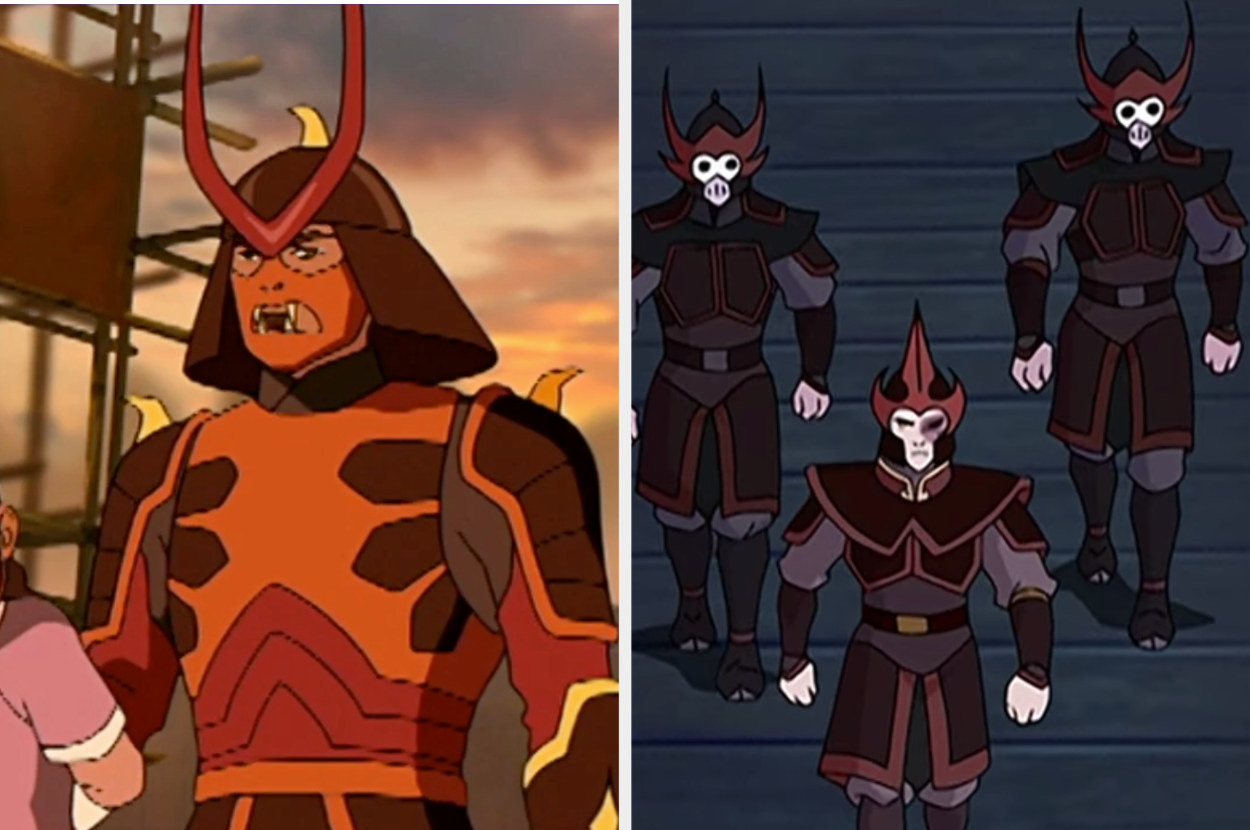 A brightly colored firebender with strange animal teeth coming out of his helmet, next to the ones in the aired show — dark with a helmet that resembles a skeleton. 