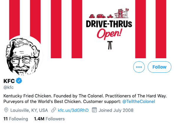 A screenshot of KFC&#x27;s Twitter page, showing that they follow 11 people. 