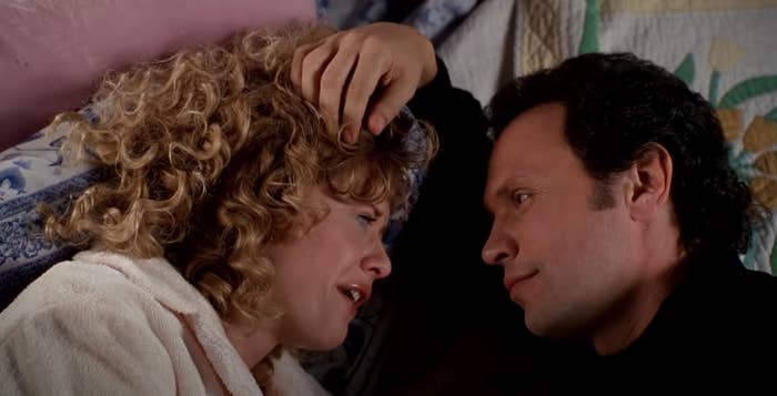 Harry and Sally lie in bed looking at each other while Sally cries in "When Harry Met Sally."