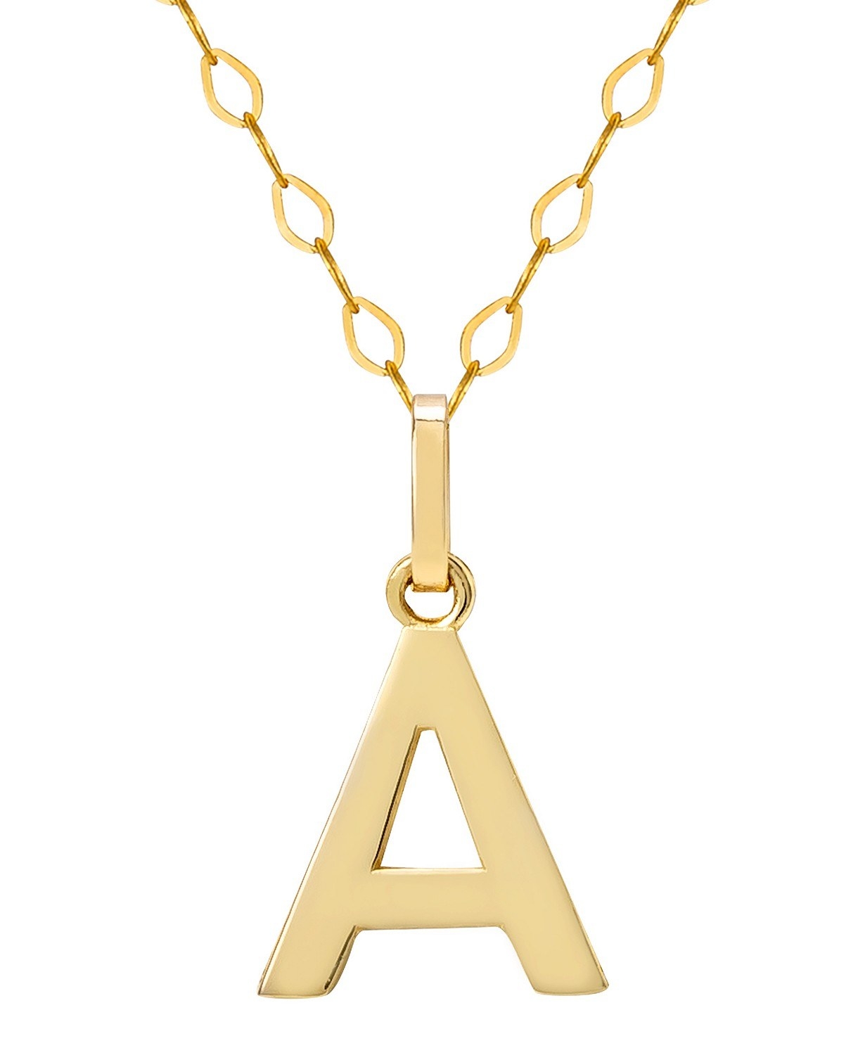 A gold pendant necklace with the letter A on a chain link
