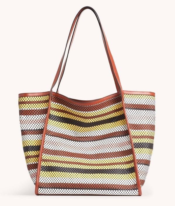 A colorful multi-striped perforated tote bag