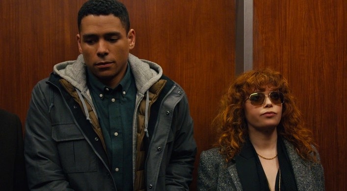 Russian Doll still: Alan and Nadia stand side by side in an elevator