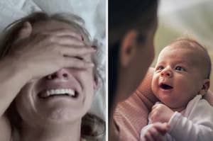 A woman cries looking at a newborn