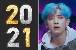 An image of 2021 in glittering numbers next to an image of Chanyeol from EXO's Power music video