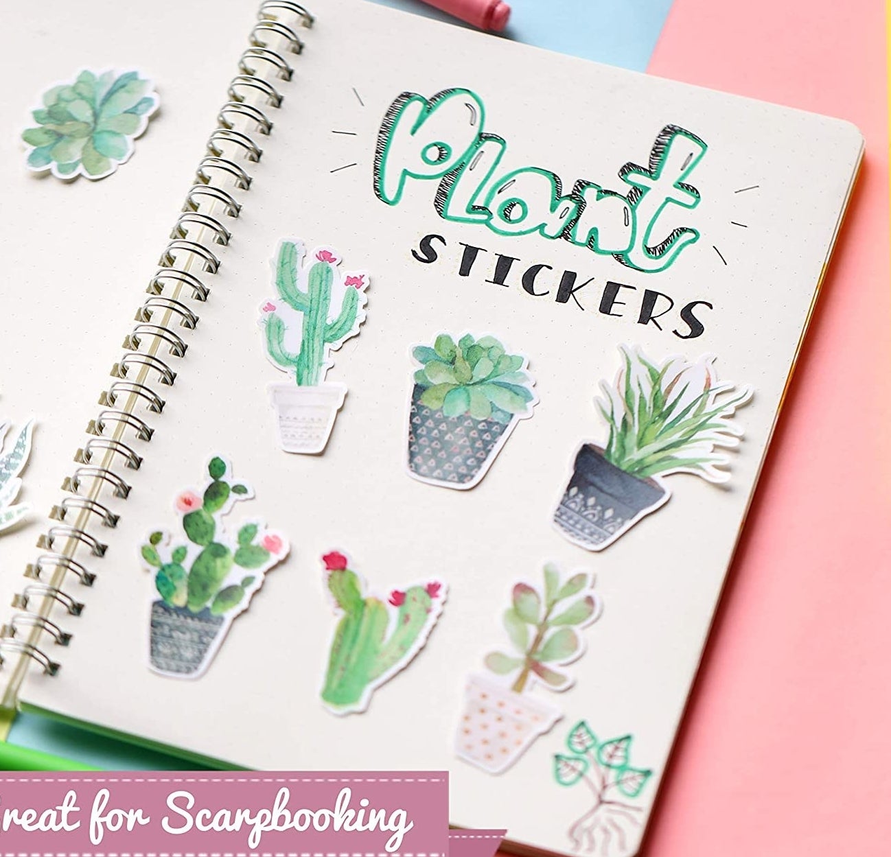 Eight plant stickers inside of a notebook